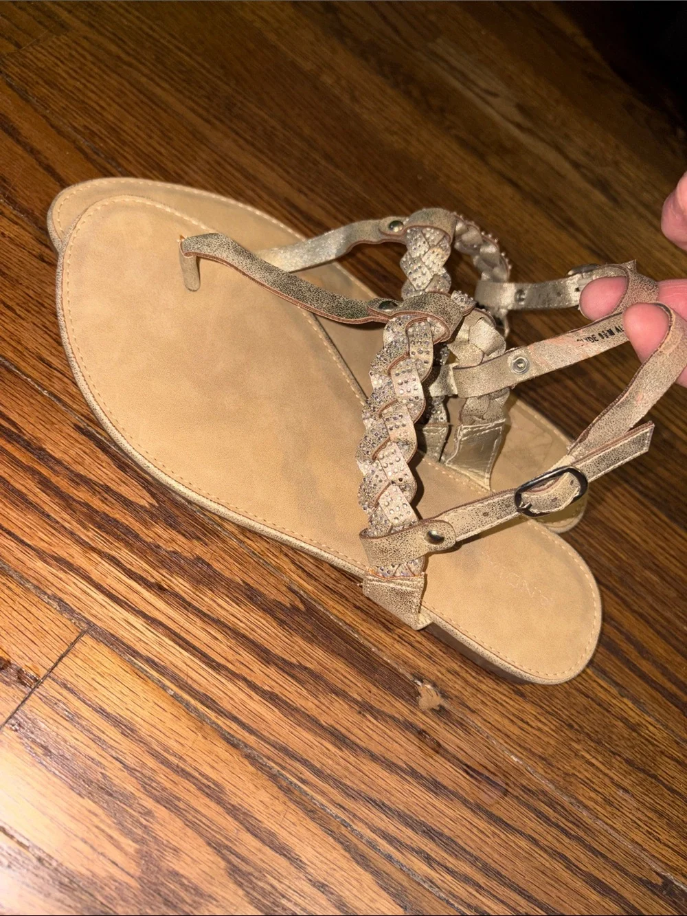 Andiamo Gold T-Back Braided Sandals W/ Bling & Buckle. Closure